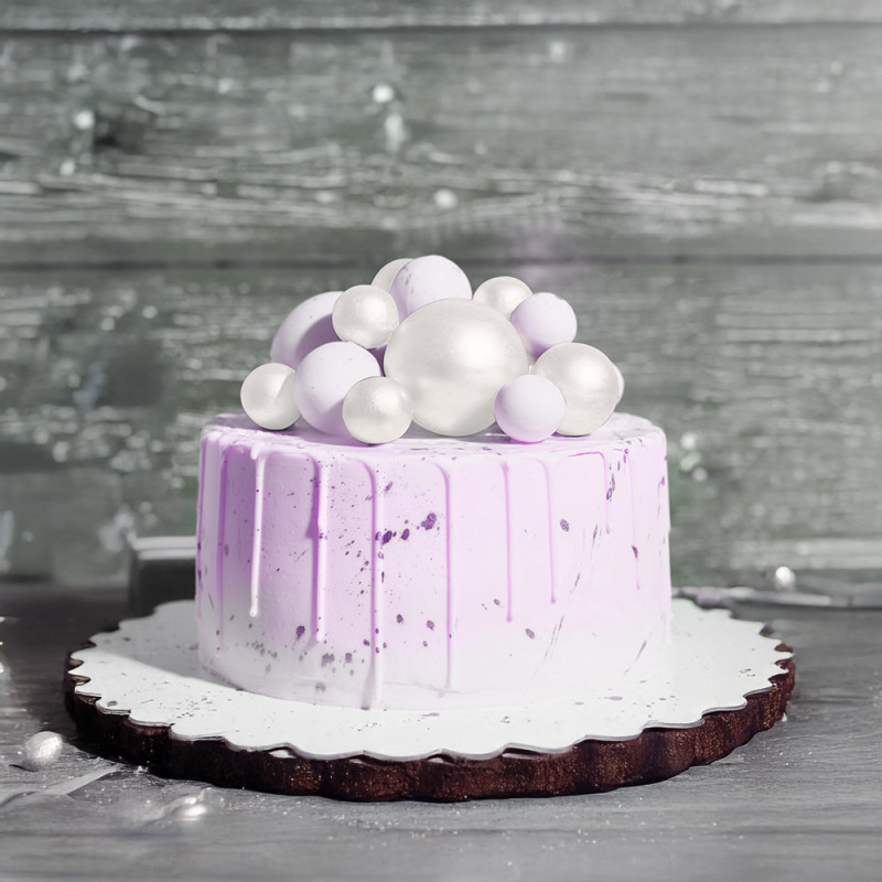 CAKE TOPPER BOULES BLANCHES NACRÉES 4 DIAM : 2CM, 2,5CM, 3CM ET 4CM PAQUET DE 12 PCS