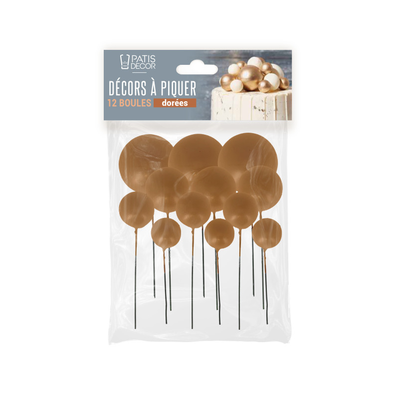 CAKE TOPPER BOULES DOREES NACRÉES 4 DIAM : 2CM, 2,5CM, 3CM ET 4CM PAQUET DE 12 PCS