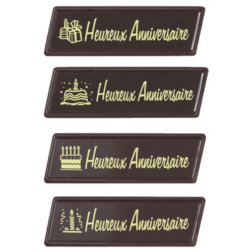 2054207 HEUREUX ANNIVERSAIRE PLAAT 7X2.3CM CHOCOLADE 60 STUKS