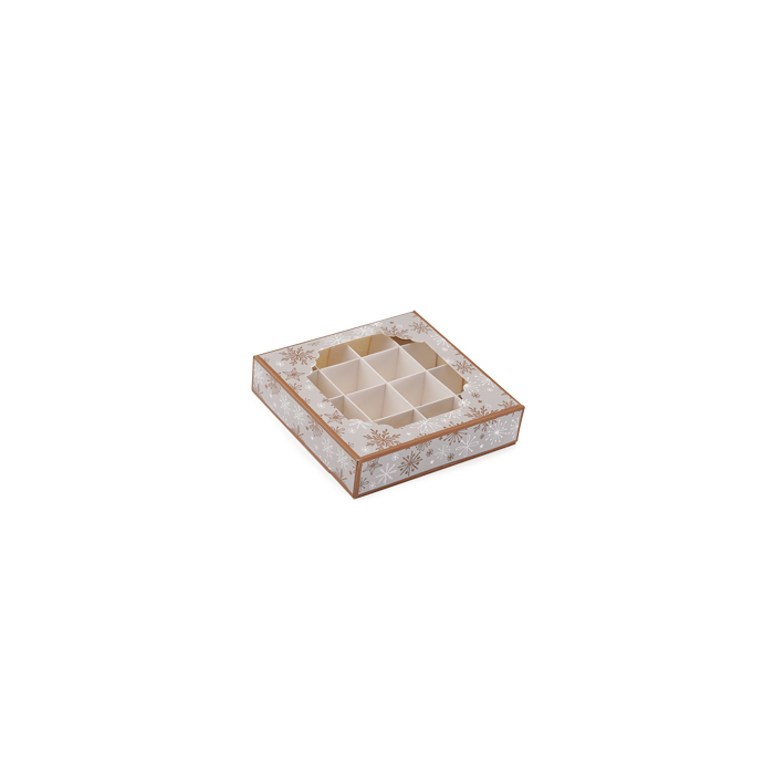 BOITE GRISE FLOCONS OR 16 PRALINES 150X150X30MM