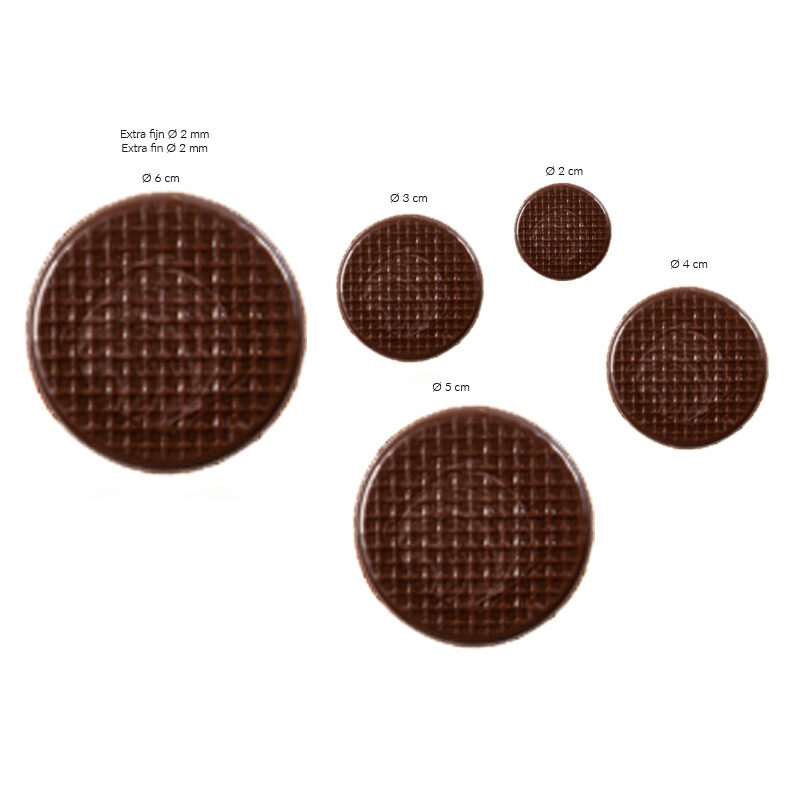 2034334 RONDE RELIËF PLAQUETTE ASSORTIMENT 2CM TOT 6CM PURE CHOCOLADE 75 STUKS ***OP BESTELLING***
