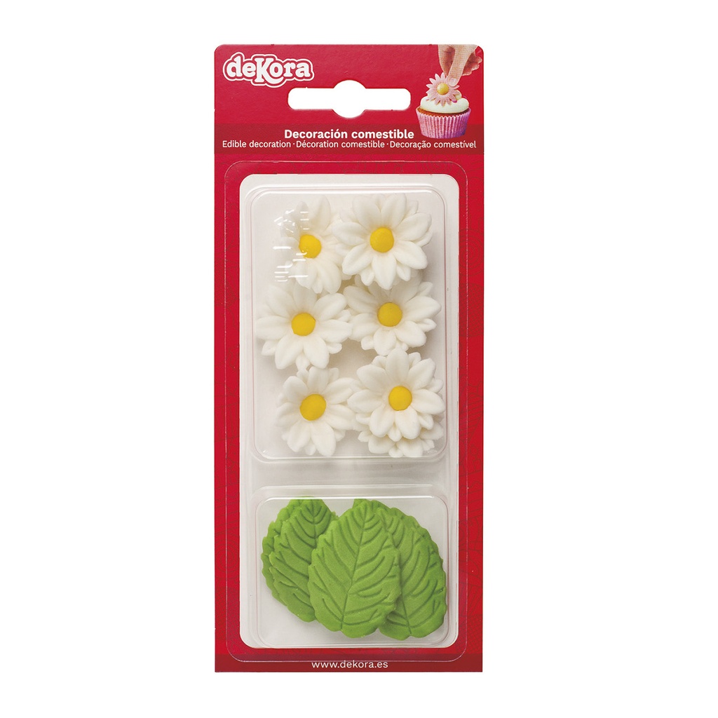 7 WHITE DAISIES AND 5 GREEN LEAVES IN SUGAR