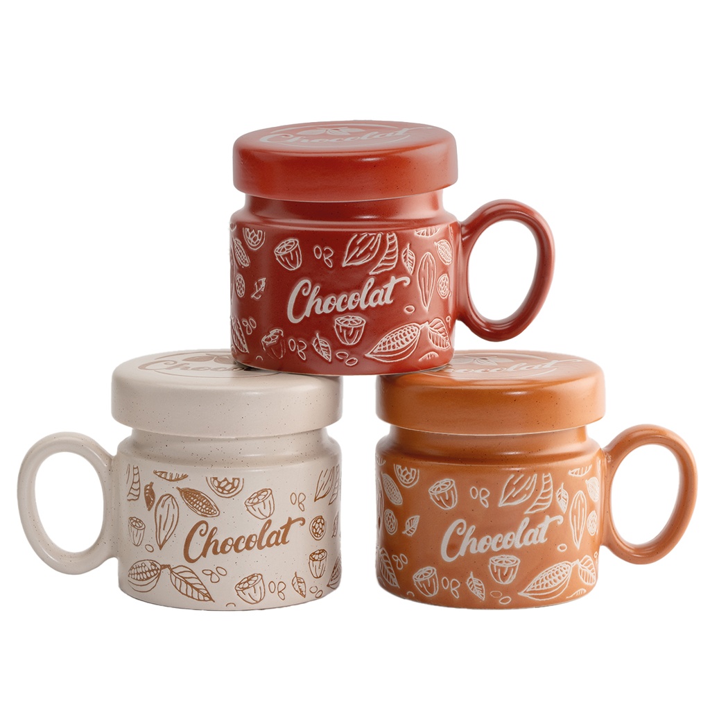 TASSE AVEC COUVERCLE "CHOCOLAT" BEIGE/TERRACOTTA 3ASS Ø9CM H9CM