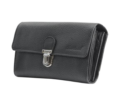 PAVELINNI CLASSIC BLACK CALF LEATHER WALLET WITH METAL FASTENING - 5 POCKETS -2 NYLON BELT PULLERS - 20X10.5X3CM -DC01503BBL