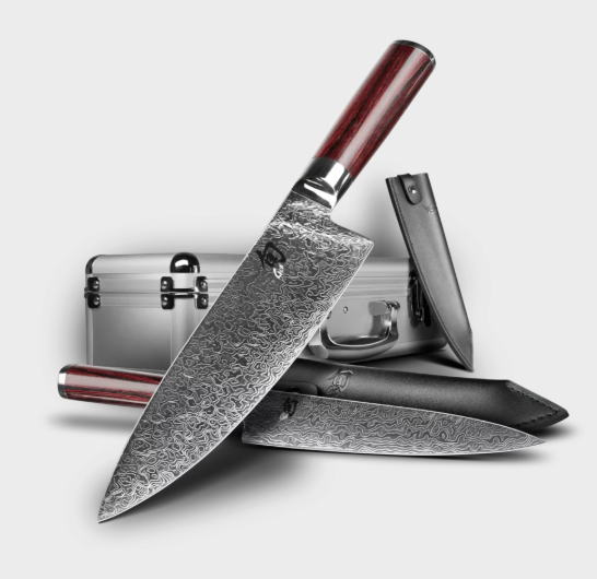 KAI LIMITED EDITION TBS0220 SET CHEF+UNIVERSAL KNIFE WITH SERIAL NUMBER - LEATHER BLADE SHEATHS AND ALUMINUM CASE 