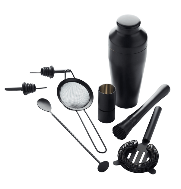 POINT VIRGULE SET COCKTAIL BLACK 8P - SHAKER-SPOON-COCKTAIL-STRAINER-DOSER-PILON-SET OF 2 DOSERS-STRAINER