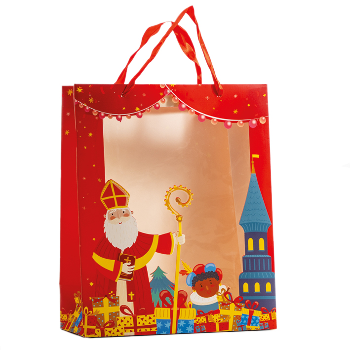 SAC ROUGE AVEC FENETRE SAINT NICOLAS 26 x 12CM HT 32CM 