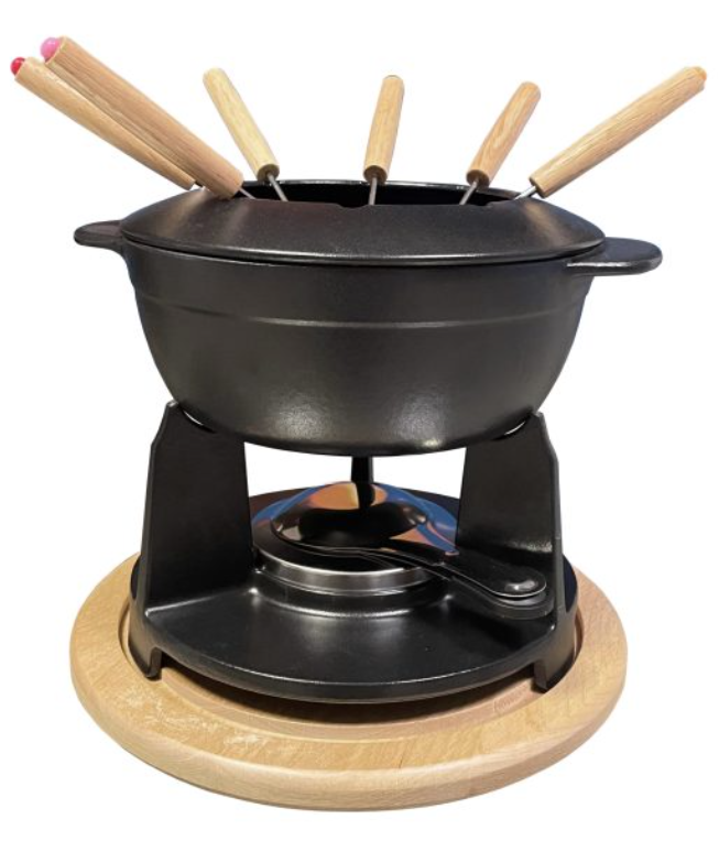 BAUMALU FONDUE CAQUELON GIETIJZER ZWART OP HOUTEN PLANK - 6P 