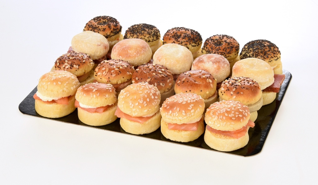 ❄️BURGARD - PRESTIGE BRIOCHETTES 20PCS: 5x FOIE GRAS/ONION CONFIT - 5x SMOKED SALMON/HORSERADISH CHEESE - 5x FRESH CHEESE/TROUT ROE - 5x CURED HAM/FRESH CHEESE SOLD BY PLATEAU OF 20PCS ONLY