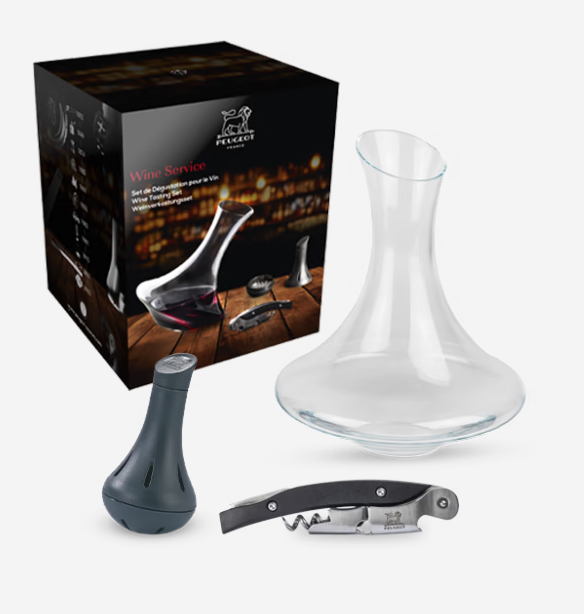PEUGEOT EVOLUTION DECANTER SET + CLEANING BALLS + MALBEC WINE OPENER
