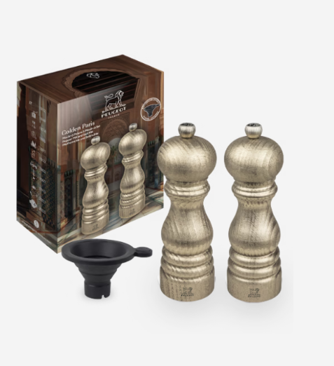 PEUGEOT GOLDEN DUO MP + MS 18CM BOIS FINITION DOREE + ENTONNOIR 