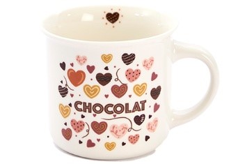 MUG CREME AVEC COEURS "CHOCOLAT" 350ML DIAM 9.5CM HT 9CM 