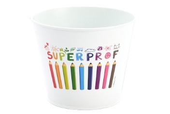 POT EN ZINC BLANC + CRAYON "SUPER PROF" DIAM 11.5CM HT 9CM