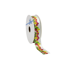WHITE SATIN RIBBON WITH TULIPS 23MM 20 METERS