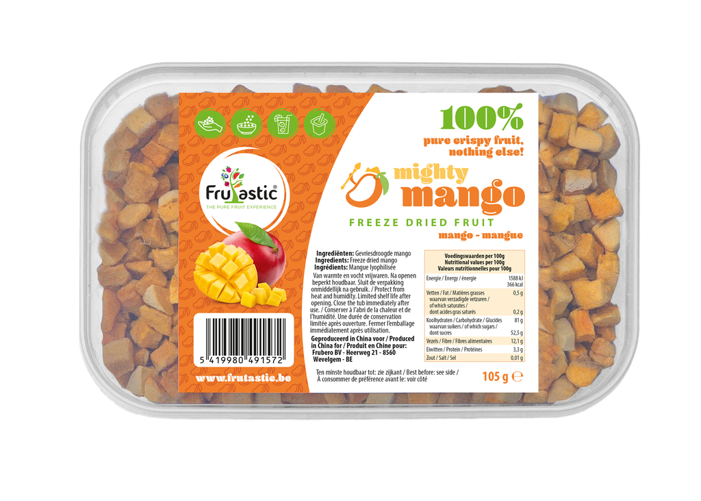 VRIJGEDROOGDE MANGOKUBUSJES 10MM 105G BAKJE