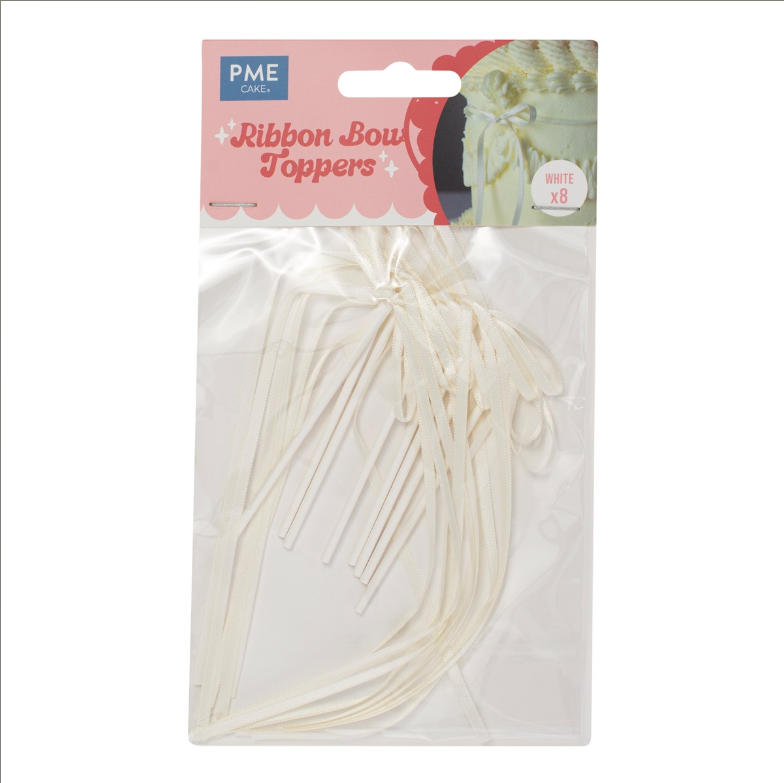 DECORATIEVE SATIJNEN TOPPER STRIKKEN IN WIT H 14CM VERPAKKING VAN 8 STUKS