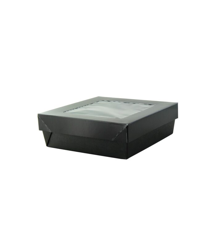 ZWARTE VIERKANTE DOOS 155X155X50 MET VENSTERDEKSEL 25 STUKS