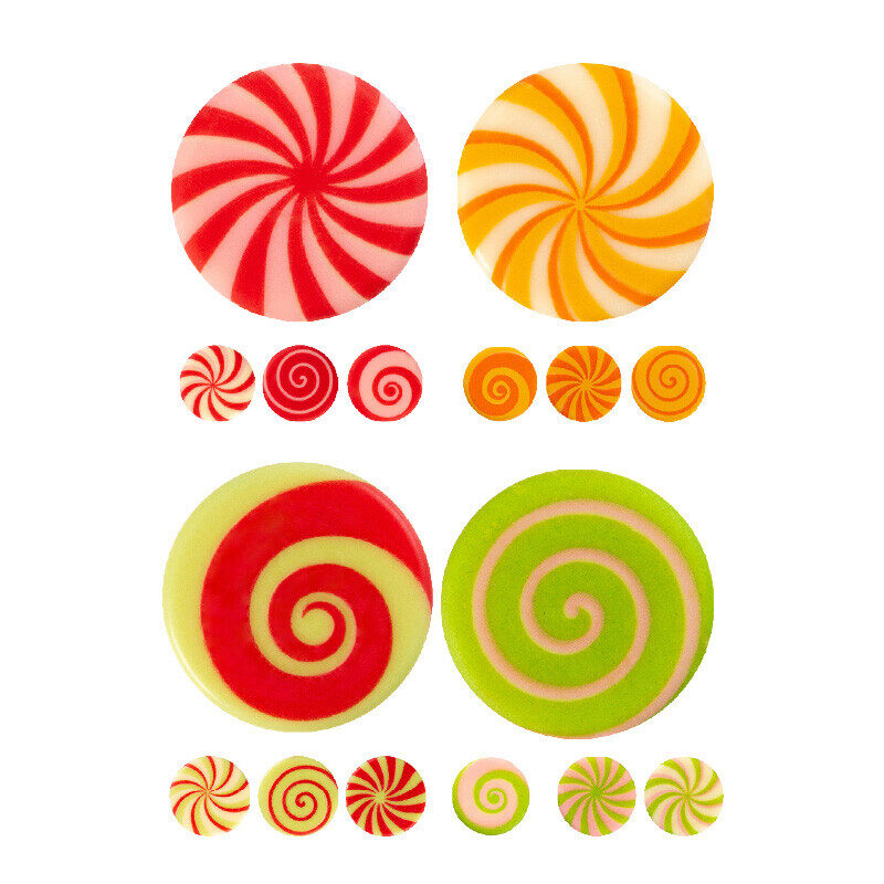 2052211 PLAQUETTE MOTIF SUCETTE SPIRALE COLORE 3CM 16 ASS CHOCOLAT  175 PCES ***S/CDE***