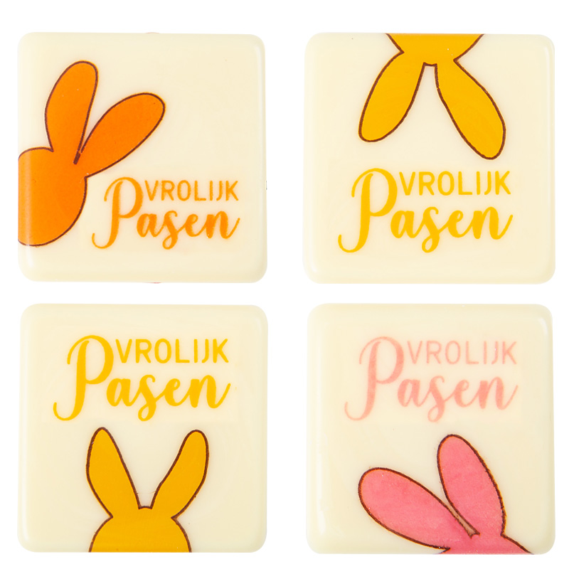2069170 PLAQUETTE CARRE VROLIJK PASEN COLORE 38MM CHOCOLAT 120 PCES ***S/CD***