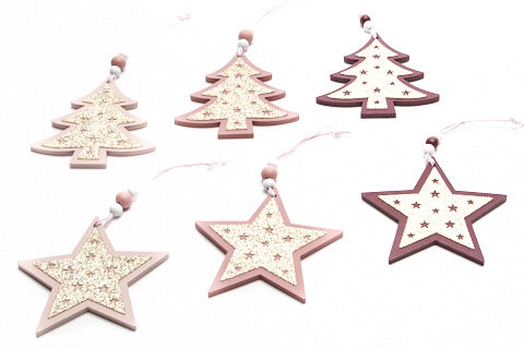 ETOILES+ SAPIN ROSE /BORDEAUX/OR ASSORTIMENT DE 6 PCES