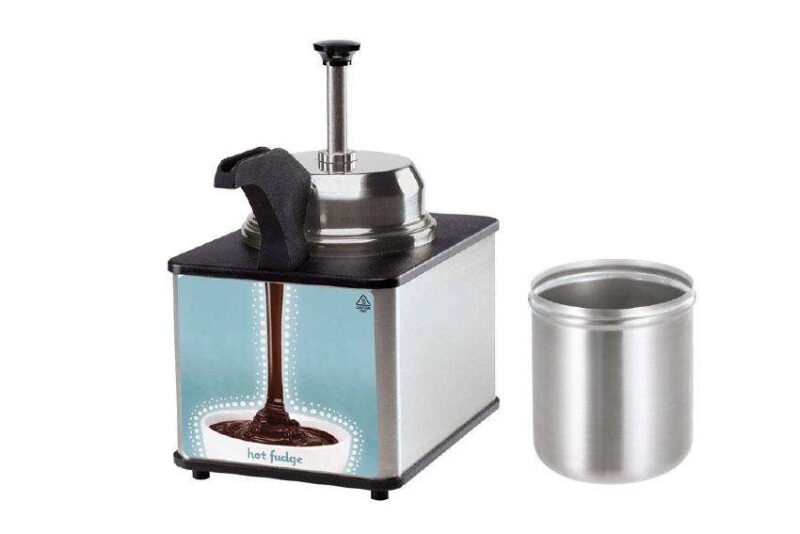  WARME FUDGE DISPENSER MET POMP EN VERWARMINGSSCHENPTUIT BAIN MARIE TYPE - BEKER INBEGREPEN 0° TOT +99°