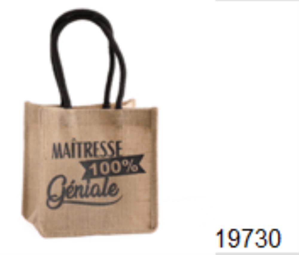JUTE BAG "MAITRESSE 100 GENIALE" WITH HANDLES 20X15XHT20CM