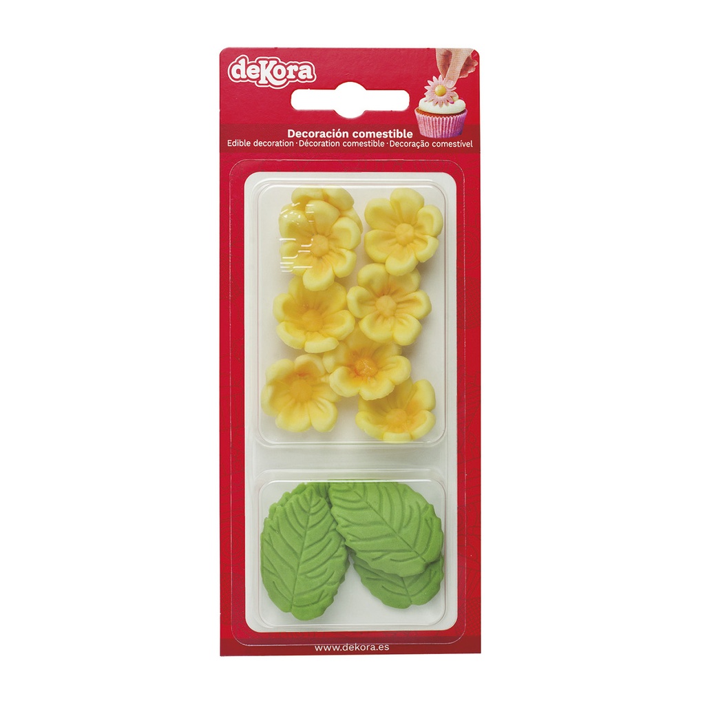 8 GELE BLOEMEN EN 5 GROENE BLADEREN IN SUIKER