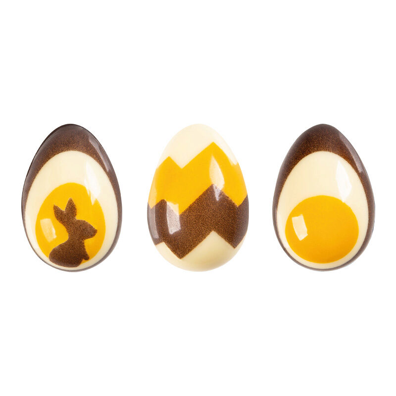 2069094 3D EIEREN GEEL/BRUIN 38X24MM 3 ASSORTIMENT WITTE CHOCOLADE 96 STUKS ***OP BESTELLING***