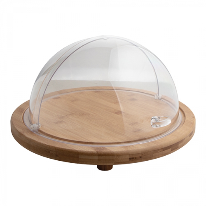 ZICCO PLATEAU A SERVIR BOIS-38CM A/CLOCHE TRANSPARENTE H24,5CM