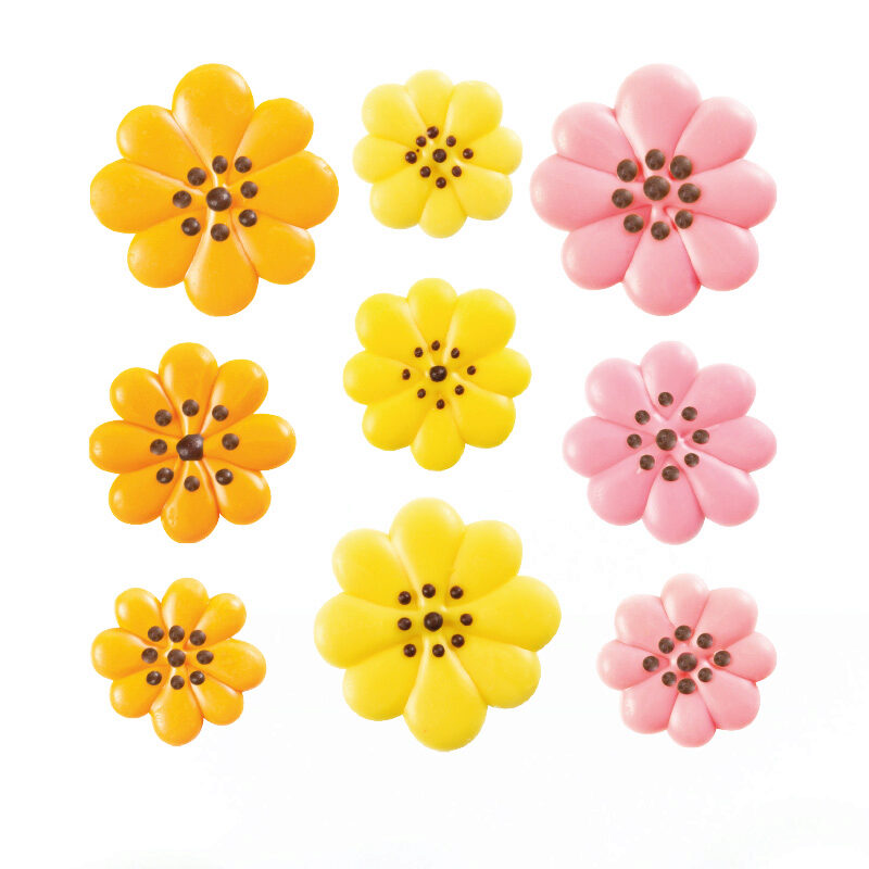 1034375 FLEURS ROSE/JAUNE/ORANGE Ø 25-30-35MM EN CHOCOLAT  162 PCES ***S/CDE***