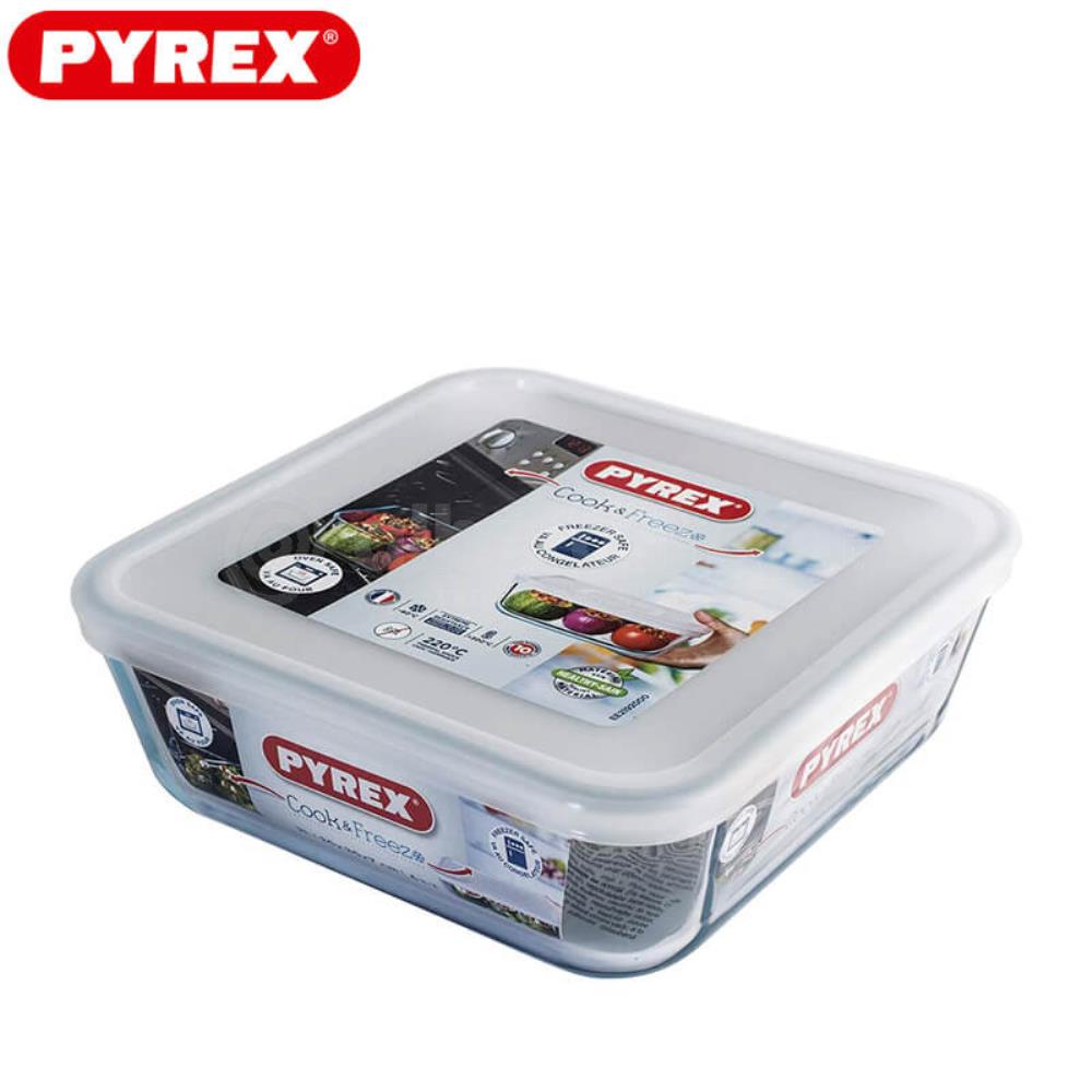 PYREX COOK&FREEZ VIERKANTE SCHAAL 15X15XH6CM 0,85L MET BOROSILICATE DEKSEL -40+300°