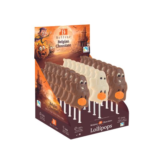HALLOWEEN CHOCOLATE LOLLIPOP GHOST BOO COLOURED MILK 15.3CM 24X25GR
