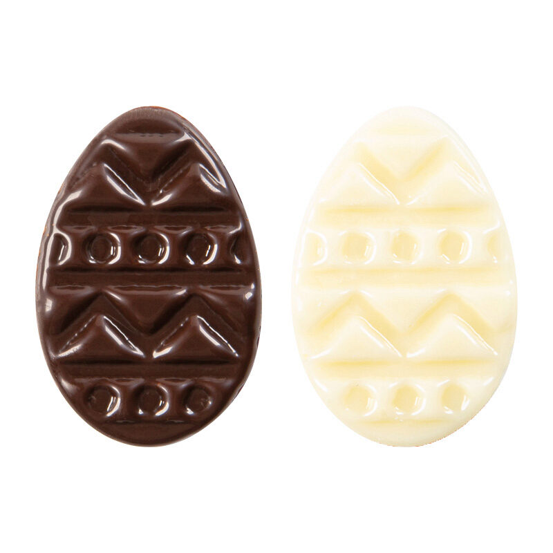 2069123 EGG PLATE RELIEF 30X20MM DARK & WHITE CHOCOLATE 250 PCES