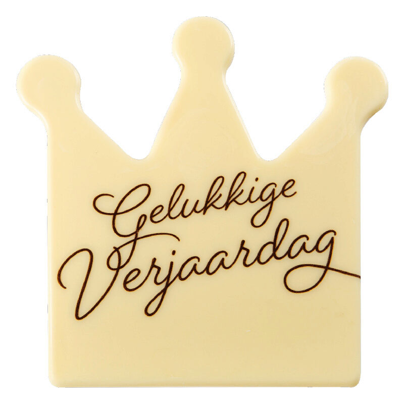 *FF*2067247 PLAQUETTE COURONNE GELUKKIGE VERJAARDAG CHOCOLAT BLANC 11X12CM 10 PCES ***S/CDE***
