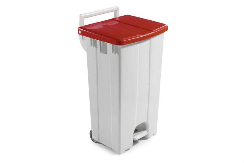 RED LID BIN - 90L WITH PEDAL + 2 WHEELS
