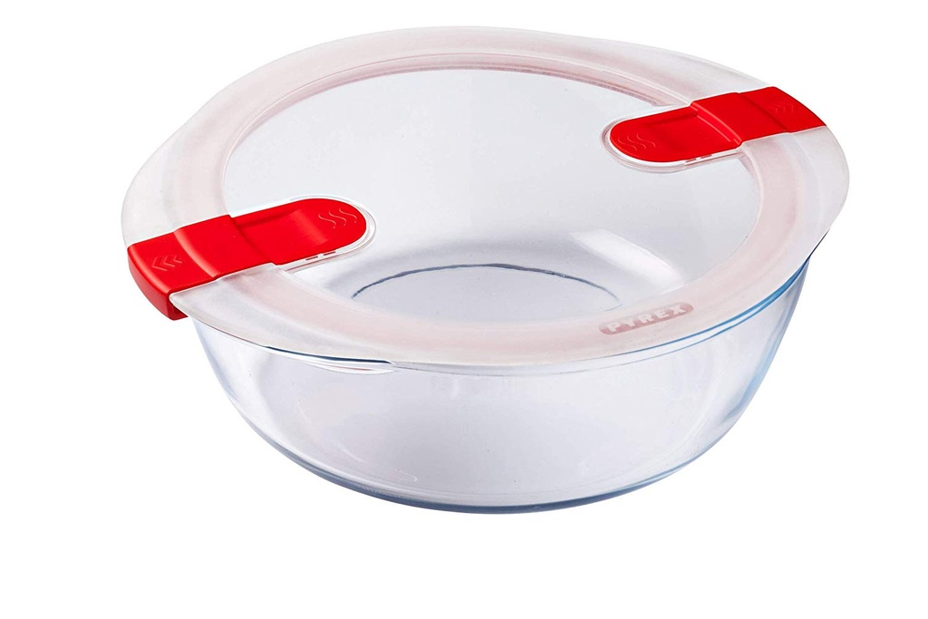 PYREX COOK&HEAT ROUND DISH 20X18XH5CM-1.00L WITH LID 2 VAPOR-BOROSILICATE VALVES -40+300°