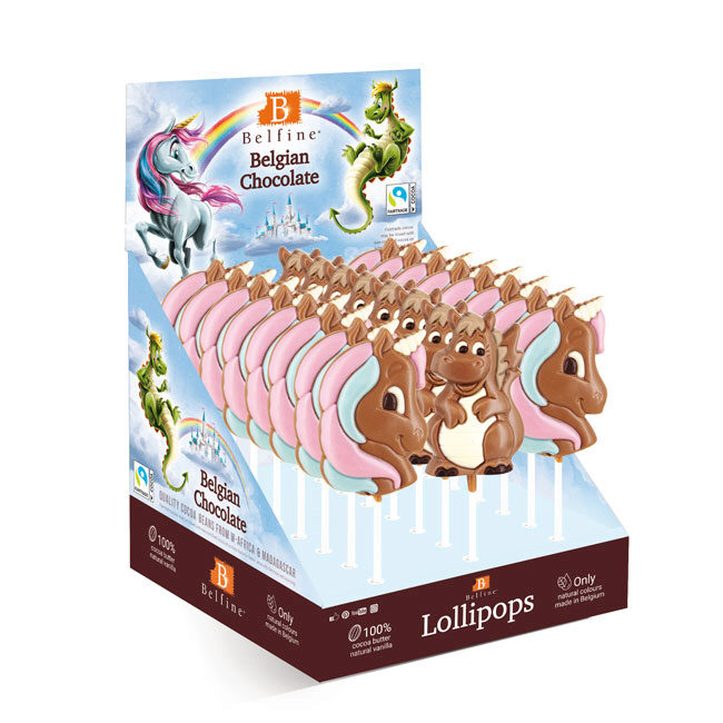 CHOCOLATE LOLLIPOPS 16 X UNICORN IMANE AND 8 X DRAGONS ELIOT COLOURED MILK 24 X 35GR