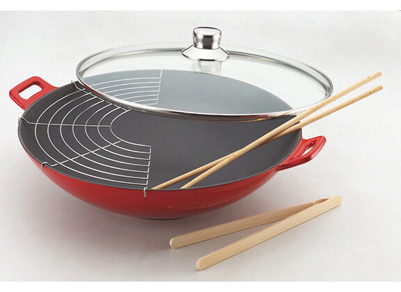 BAUMALU WOK FONTE 36CM ROUGE A/COUVERCLE VERRE 