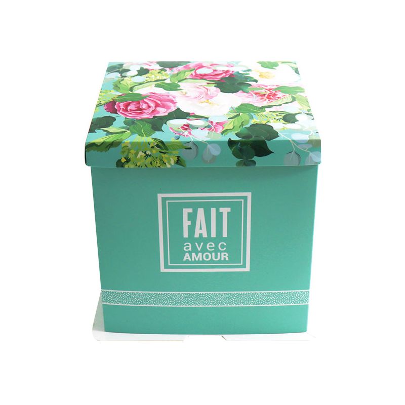 GATOBOX BOITE A GATEAU TURQUOISE FLEURS 21X21X22CM