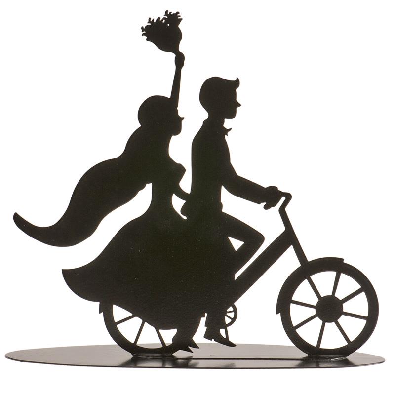 2D MARRIED COUPLE FIGURINE ON BLACK METAL BICYCLE 18CM