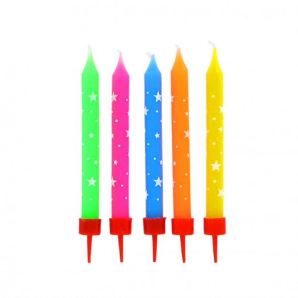MULTICOLOR CANDLES WITH STAR PATTERN + 10 CANDLES