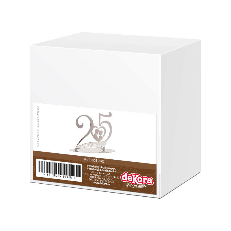 DECORATIEVE STANDAARD VOOR 25-JARIG HUWELIJKSJUBILEUM, ZILVERKLEURIG METAAL, LENGTE 16 CM