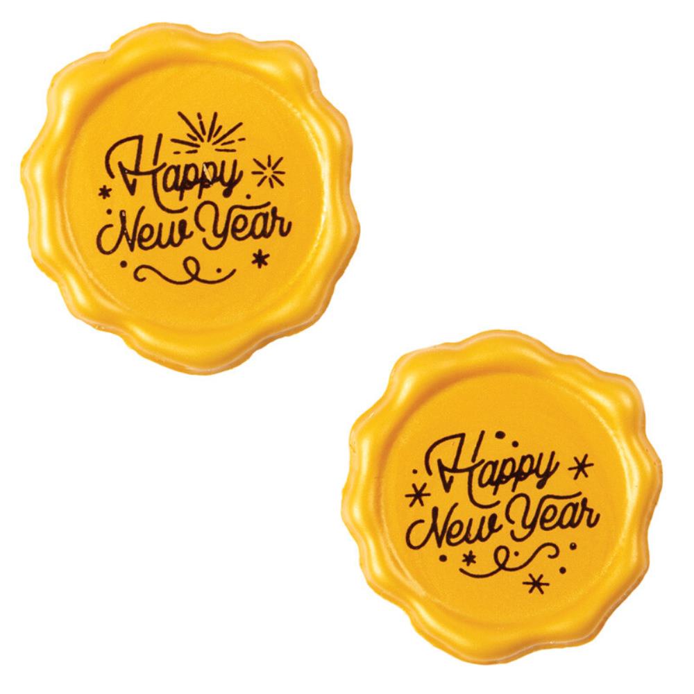 2015448 HAPPY NEW YEAR POSTZEGEL GOUD WITTE CHOCOLADE 38MM 120 STUKS