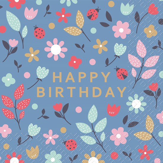 STEWO SERVIETTE 33X33CM BLEU HAPPY BIRTHDAY AVEC FLEURS 20PCS