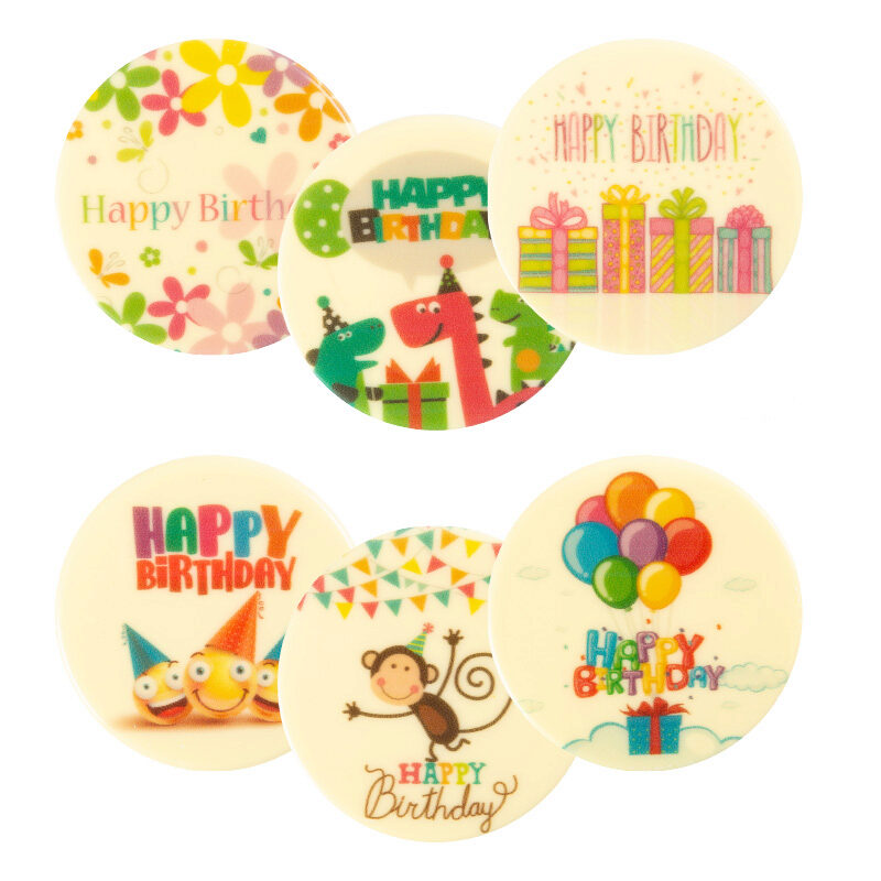 2067249 ASSORTMENT OF COLORED HAPPY BIRTHDAY PLATES WHITE CHOCOLATE 75MM 30 PCES
