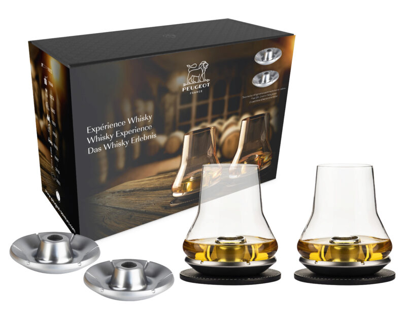 PEUGEOT COFFRET WHISKY EXPERIENCE 2 VERRES+4 BASES DE REFROIDISSEMENT CHROMEES