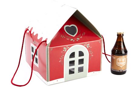 RED AND WHITE HOUSE CARDBOARD BOX WITH ROPE 24.5X24.5CM HT15/28