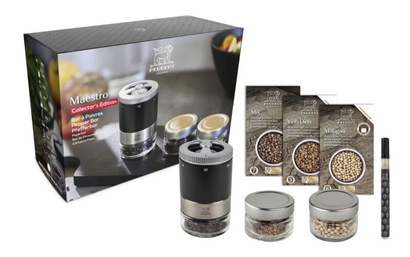 PEUGEOT COFFRET  MAESTRO MAT BLACK + 3 FIOLES 3 POIVRES GRANDS CRUS