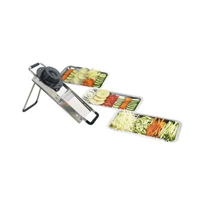 [55071096] BRON CHEF'S MANDOLINE MET ROESTVRIJSTALEN VEILIGHEIDSDUWER 4 MESBLOKKEN 2, 4, 7 EN 10 MM