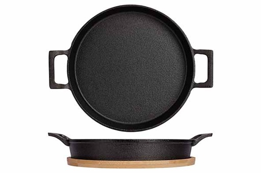 [00067759] C&T CASSEROLE DISH CAST IRON 2 HANDLES 20CM ON WOODEN BOARD